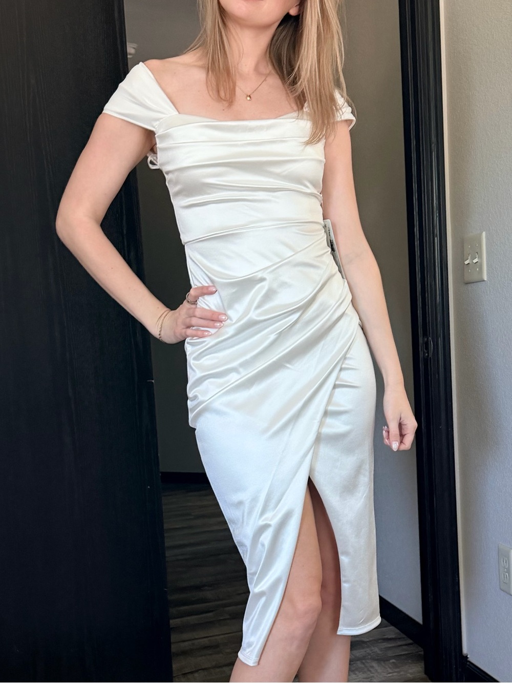 Honey and Rosie Ivory Off-Shoulder Satin Midi Dress with Front Slit